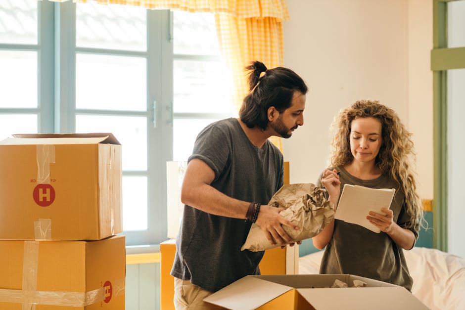 A man and woman are inside a well-lit room, engaged in a home relocation process as part of furniture transport and packing and moving activities. The man has dark hair and a beard, and is wearing a grey T-shirt, while holding a crumpled brown paper wrapping or packaging material. The woman has long curly blonde hair, is dressed in a grey T-shirt, and is reviewing a printed checklist or instructions on a piece of paper, likely related to the move. In front of them, there is an open cardboard box, suggesting they are packing items for transit. Behind them, two large boxed items, wrapped securely with packing tape, are stacked on a surface, indicating the careful handling of household goods during the unloading process. The background shows a window with light streaming in, framed by yellow gingham curtains, creating a bright, residential atmosphere. The scene captures a moment of coordination and preparation typical in professional house removals, as provided by Man and Van Highbury, specialized in house removals and relocation services in the N5 area.